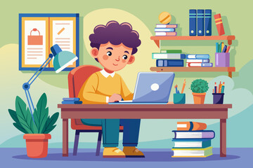 Wall Mural - person working on computer reading book vector art illustration