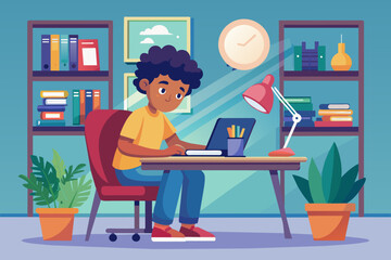 Poster - person working on computer reading book vector art illustration