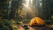 A family camping trip in a lush forest, with children helping to set up the tent and exploring the surrounding nature, discovering the beauty of the outdoors