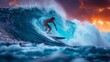 A dynamic water sports image, capturing a surfer riding a towering wave, with the spray of the water and the intensity of the moment emphasizing action and adventure 