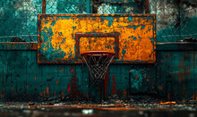 Old Basketball Hoop On Rusty Orange Wall, Abandoned Court