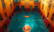 © Manu Prats - Enclosed Basketball Court with Orange Walls and Blue Floor, Urban Surroundings