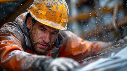 A focused worker in a dust-covered safety uniform uses a pneumatic nailer to fasten roofing sheets, their concentration a testament to the importance of every detail in ensuring the longevity 