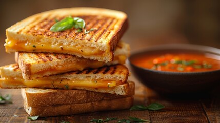 Wall Mural - A gourmet grilled cheese sandwich with a side of tomato soup, placed at the bottom center, with the top half of the image featuring a light, solid color background for text 