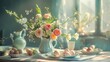 Warm sunlight filters through a window onto a rustic setting with daisies in a vase and painted Easter eggs
