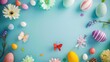 A creative and engaging Easter image of eggs ready for painting surrounded by spring flowers on a soothing teal background