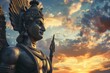 Ashoka statue profile against a historic sunset sky with dramatic clouds