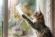 Cat humorously engages in cleaning a window with a spray bottle and detergent