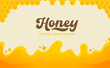 Dripping honey background. Cartoon liquid honey. Golden yellow honey syrup with honeycomb, drops and splashes. Flat style Vector illustration