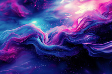 Wall Mural - Vivid digital artwork of swirling cosmic waves in pink and blue hues with sparkling stars, illustrating a dynamic and abstract celestial theme. Concept of backgrounds, cosmic themes, wallpapers