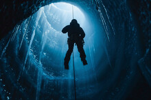 Ice Climber Descending Frozen Cave. Generative AI