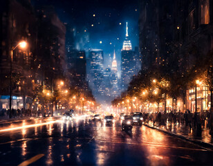 Wall Mural - Colorful background of night street with defocused light cars and street lamps. Abstract backdrop of bokeh blurred lights at city life. Concept of cityscape backgrounds for design. Copy text space