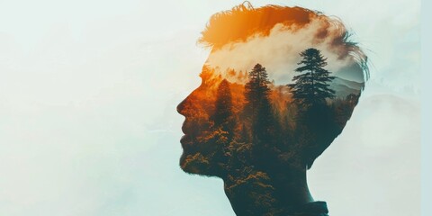 Wall Mural - A man's head is shown in a forest with trees in the background