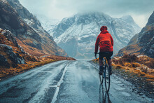 Cyclist on mountain road in winter. Generative AI