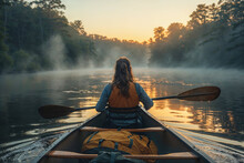 Dawn kayaking in misty jungle river. Generative AI