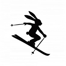 Nice Lovely Rabbit Skier Silhouette, Sportive, Dynamic Bunny Skiing With Skis And Holding Ski Poles, Long Ears And Round Little Tail, Kid Sign With Animal On Skis, Cute Design Of A Person Skiing 