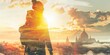 A silhouette of a person is standing in front of a city skyline with a sun in th
