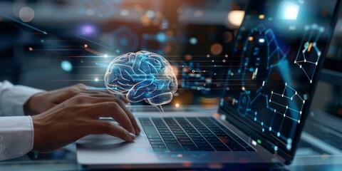 Person typing on a laptop with AI brain interface graphics.