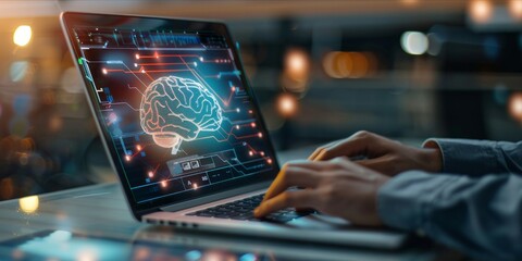 Person typing on a laptop with AI brain interface graphics.