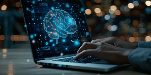 Person typing on a laptop with AI brain interface graphics.