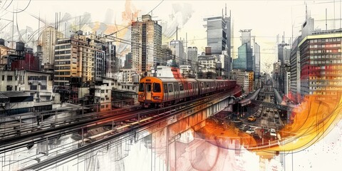 Wall Mural - Artistic drawing of a cityscape and subway train