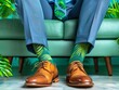 Concepto de hombre de negocios vistiendo unos calcetines sostenibles por el medio ambiente. 