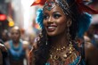 Happy woman in carnival costume with headgear and earrings, smiling at event