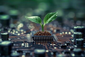Wall Mural - plant growing on electronic circuitry chip in light indigo and green. energy-filled illustrations, v