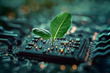 Wall Mural - plant growing on electronic circuitry chip in light indigo and green. energy-filled illustrations, v