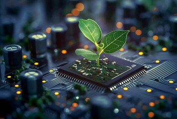 Wall Mural - plant growing on electronic circuitry chip in light indigo and green. energy-filled illustrations, v