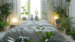 Soft bed with lush bedding surrounded by indoor plants and warm lighting that creates a comfortable and inviting bedroom atmosphere