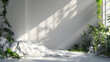 Large bedroom bathed in natural light casting dramatic shadows alongside lush indoor plants