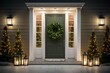 olive green front door and porch of classic suburban house facade exterior with white walls, decorated with festive christmas trees and wreath at night with romantic light