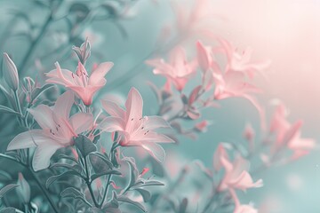 Poster - A bunch of pink flowers with a blue background