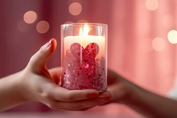 Wall Mural - A person is holding a candle in their hand, with a heart-shaped design on the glass. The candle is lit, creating a warm and romantic atmosphere