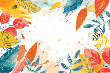 Wall Mural - Colorful autumn leaves border on white background with paint splatters with copy space