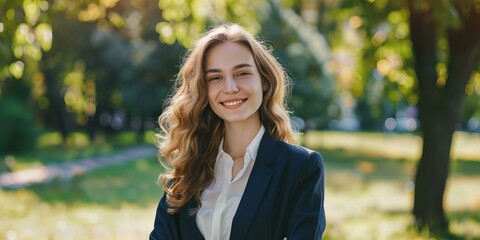 Wall Mural - young, confident businesswoman standing in park on a sunny day, happy positive entrepreneur looking at camera