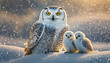 Snowy Owl  sitting in snow with his young chicks in arctic circle with slow fall 