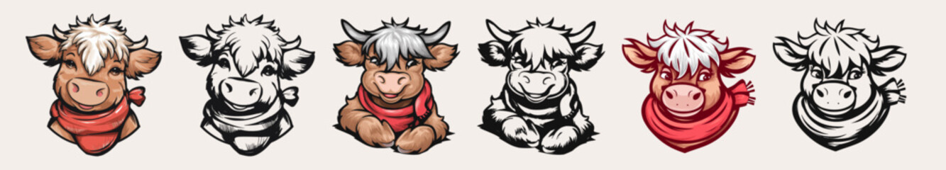 Cute highland cow with a cozy red scarf around its neck silhouette vintage collection set, Generative Ai