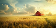Farm and agriculture creative background. Rural landscape, field with agricultural cultivation, wheat crop and red barn. 
