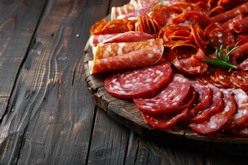 Wall Mural - A variety of salami, chorizo, fuetsalami, salchichon, and longaniza arranged on a wooden table, perfect for antipasto