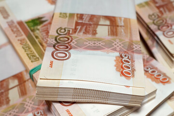 Five thousand banknotes of bank of Russia close-up, business concept. Selective focus, blur.