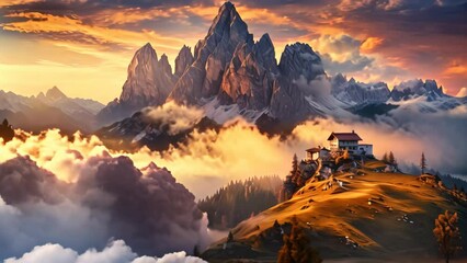 Sticker - Fantastic sunset in the Dolomites mountains, Italy, Mountains in fog with beautiful house and church at night in autumn. Landscape with high rocks, blue sky with moon. Rocky, AI Generated