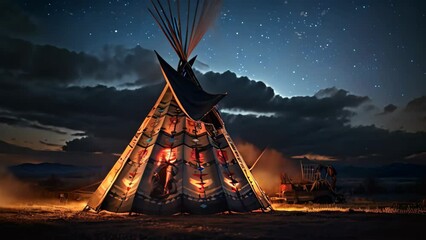 Poster - Native american indian teepee at night. 3D rendering, Native american indian teepee at night with starry sky, AI Generated