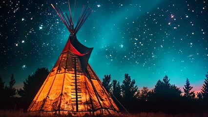 Poster - Beautiful indian teepee in the night sky with stars, Native american indian teepee at night with starry sky, AI Generated