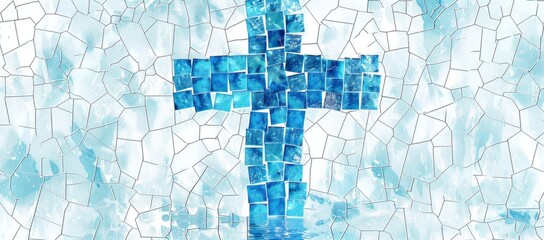 Wall Mural - intricate mosaic pattern featuring the cross and water, using shades of blue to symbolize purity and life on a white background Generative AI