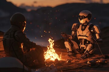 Poster - A group of friends sits together around a crackling bonfire, sharing stories and enjoying the warm glow of the flames, A robot sitting around a campfire with humans, AI Generated