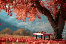 A Picnic Table Sits Beneath A Tree With Vibrant Red Leaves, Providing A Shaded Spot For Outdoor Dining, A Romantic Picnic Under A Tree Filled With Heart-shaped Leaves, AI Generated