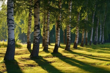 Wall Mural - A group of tall trees stands in the middle of a lush grassy field, A row of birch trees casting long shadows in a summer park, AI Generated