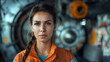 Woman engineer close up portrait in front of machine on background.
